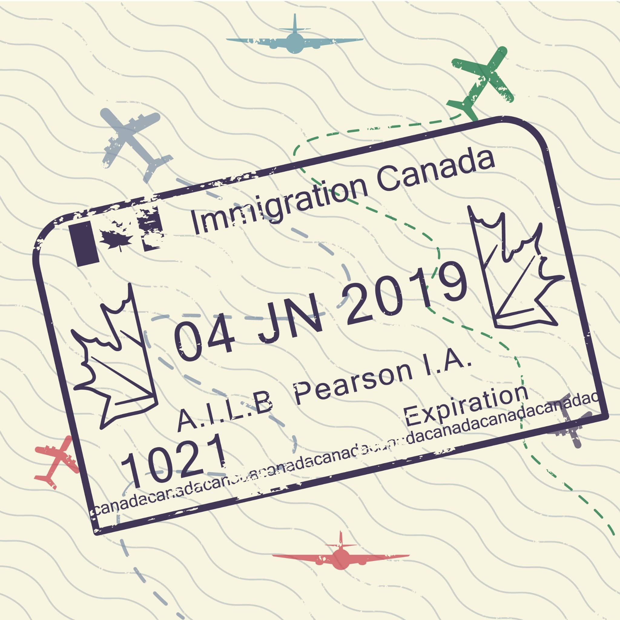 Illustration of a Canadian immigration stamp with a date of entry marked as 04 Jn 2019.