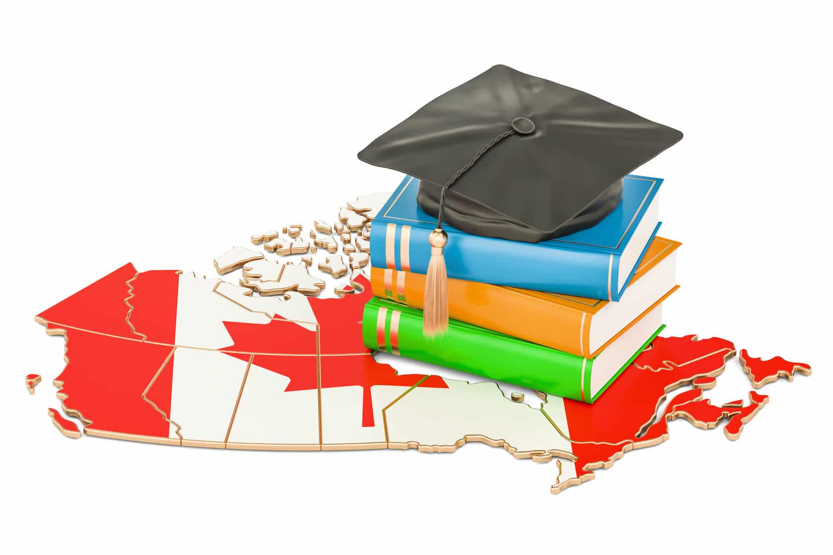 Graduation cap on a stack of books beside a map of Canada, symbolizing education and the Canada Study Permit process.
