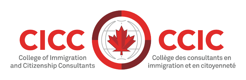 Logo of The College of Immigration and Citizenship Consultants, featuring a red maple leaf inside a circle flanked by the institution's name in English and French.