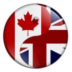A badge combining elements of the Canadian and British flags symbolizes immigrating to Canada from the UK.
