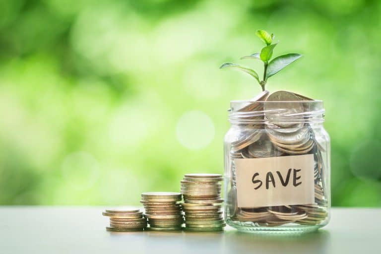 A glass jar filled with coins and a plant sprouting from it, labeled "save," stands beside stacked coins against a blurred green background.